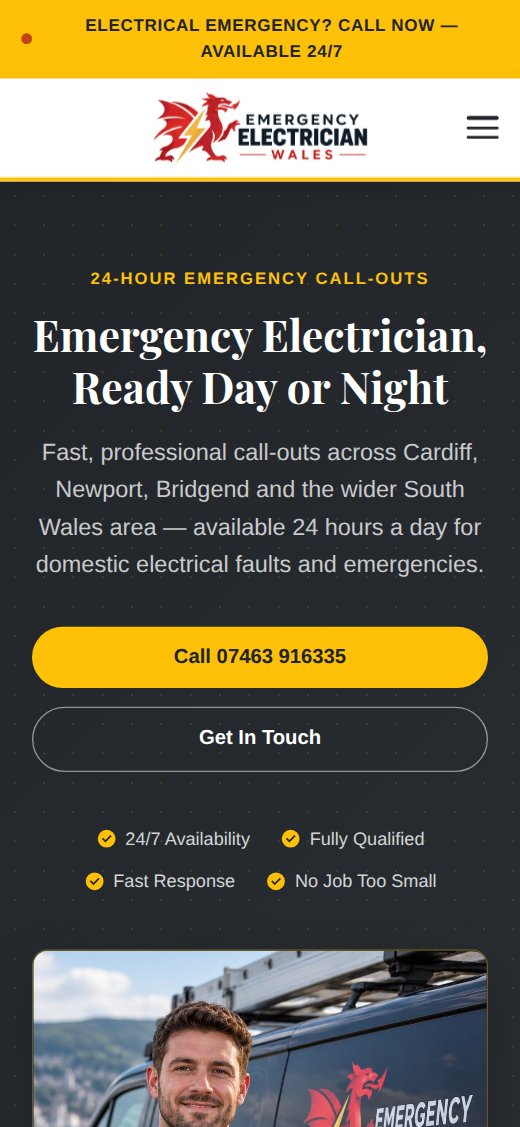 Emergency Electrician Wales: mobile view, website designed and built by Studio RR